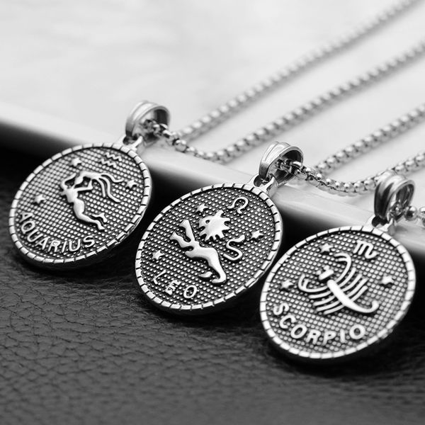 

twelve horoscope coin women stainless steel pendant necklace leo virgo libra scorpio sagittarius capricorn 12 constellation gift, Silver