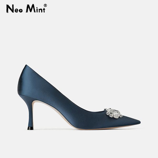 

stiletto women pumps genuine leather navy satin high heels shoes woman 2020 brand designer crystal rhinestone party shoes, Black