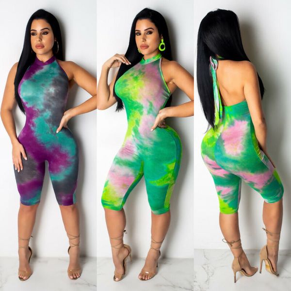 

summer 2020 new fashion tie-dye sleeveless bodysuits women's jumpsuits turtleneck jumpsuits sports and leisure, Black;white