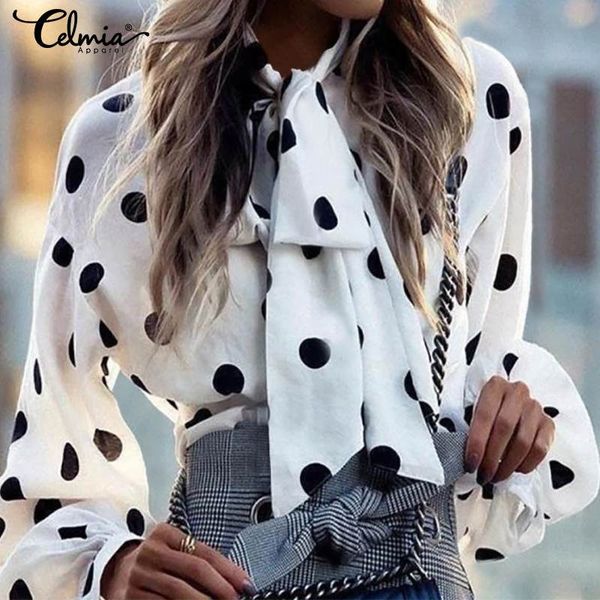 

women's blouses & shirts fashion elegant women bow tie collor polka dot celmia 2021 spring long sleeve button work blusas plus size 7, White