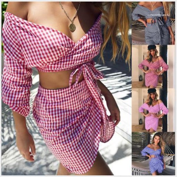 

v neck fashion women tracksuits plaid designer tracksuits women casual sweet 2 piece dress summer printed slim half sleeved, White