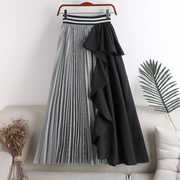 

autumn korean style women long striped blue pleated skirt elastic waist ruffles patchwork female a-line stylish party skirts, Black