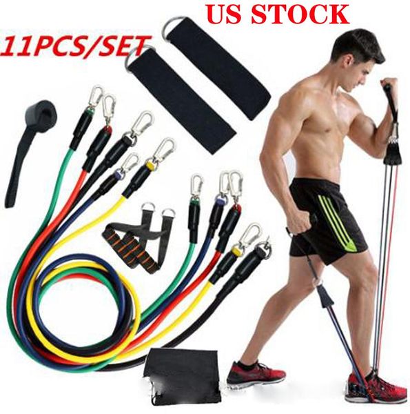 

us stock 11pcs set exercises resistance bands latex tubes pedal body gym fitness training workout yoga elastic pull rope equipment fy7007