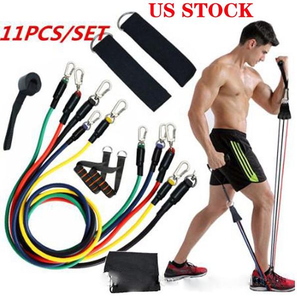 

us stock 11pcs set exercises resistance bands latex tubes pedal body gym fitness training workout yoga elastic pull rope equipment fy7007