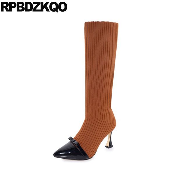 

pointed toe sock knee high stiletto slim long red shoes women boots knit slip on autumn heel brown ladies size 34, Black