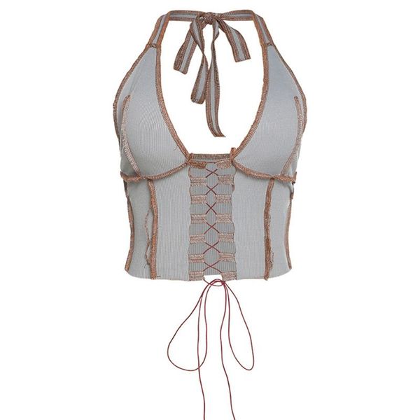 

women sleeveless halter v-neck crop cross bandage ribbed camis vest, White
