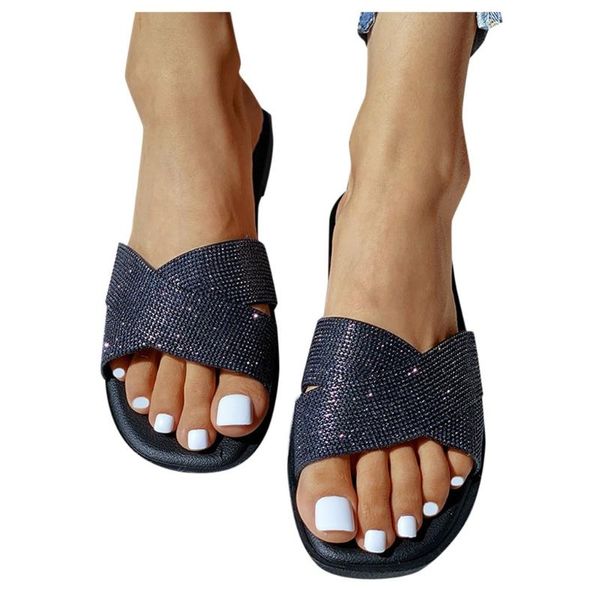 

summer women's plus size slippers sequins rhinestone flat open toe sandals casual and comfortable daily sandals#yl10, Black