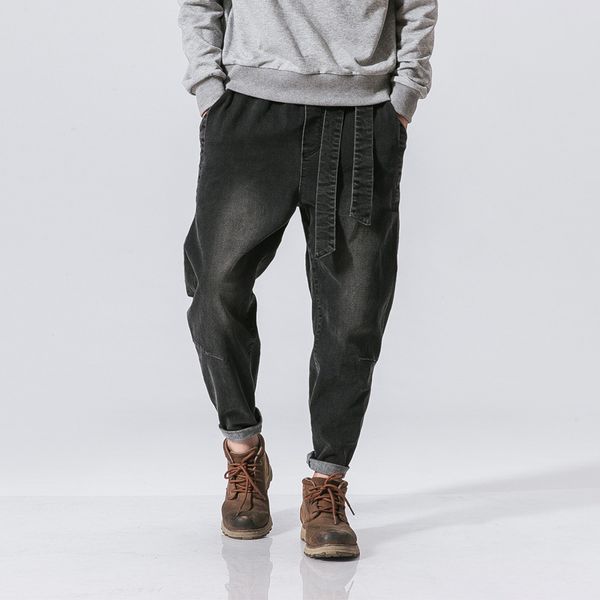 

large size chinese style male loose feet pants chinese wind to do the old retro washed loose waist jeans, Blue