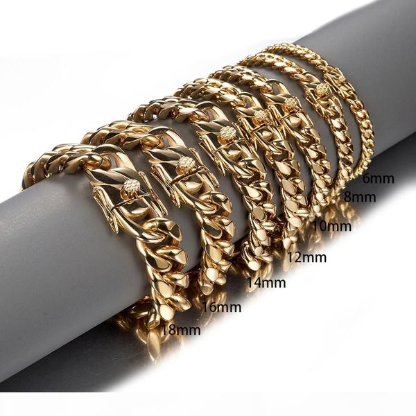 

gold color stainless steel miami curb cuban link chain bracelet bangle 7-11 inches customized length for men 8 10 12 14 16 18mm, White