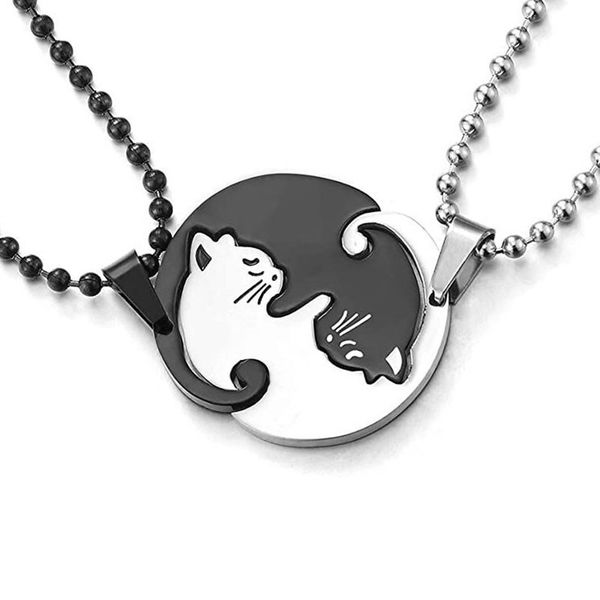 

couple heart necklace cute cartoon cat pendant necklace simple color black animal jewelry gift for girl boys wholesale, Silver