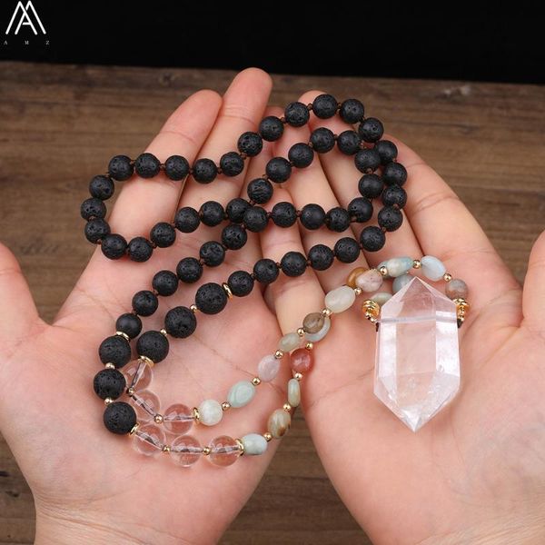 

natural white quartz double point pendant 8mm black lava quartz crystal beads handmade knot necklace 32 inch long, Silver