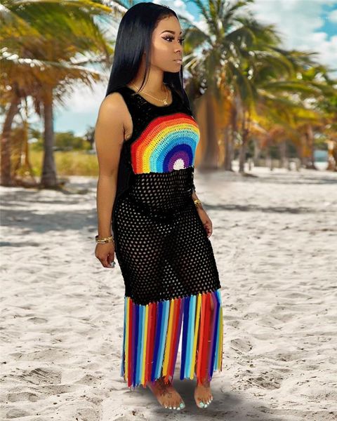 

rainbow print hollow out womens guaze panelled dresses casual females clothing womens casual dresses fashion gradient, Black;gray