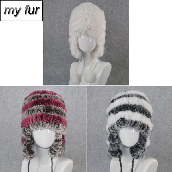 

2020 women striped genuine rex fur hat warm soft three pompoms 100% natural fur hats lady knit beanies cap, Blue;gray