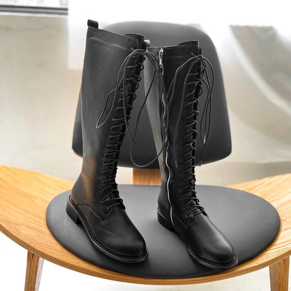 

deat 2020 new spring autumn fashion thick-soled lace-up thin leg genuine leather single shoes women long cool boots sf340, Black