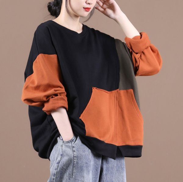 

women's hoodies & sweatshirts 2021 autumn women sweatshirt contrast color pullovers korean loose large sized o neck long-sleeved coat, Black