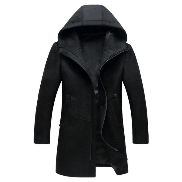 

men's wool & blends woollen overcoat winter male business casual hooded pea coat men brand casaco masculino bg1812, Black