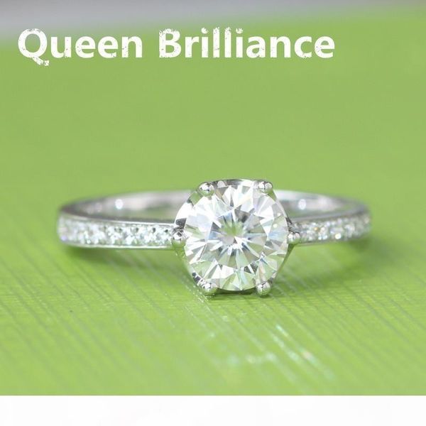 

queen brilliance genuine 18k 585 white gold 1 ct def color engagement wedding lab grown moissanite diamond ring for women 17903, Golden;silver