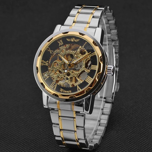 

50pcs/lot winner-d241 fashion roman style winner watch mechanical stainless steel watch wholesale winner, Slivery;brown