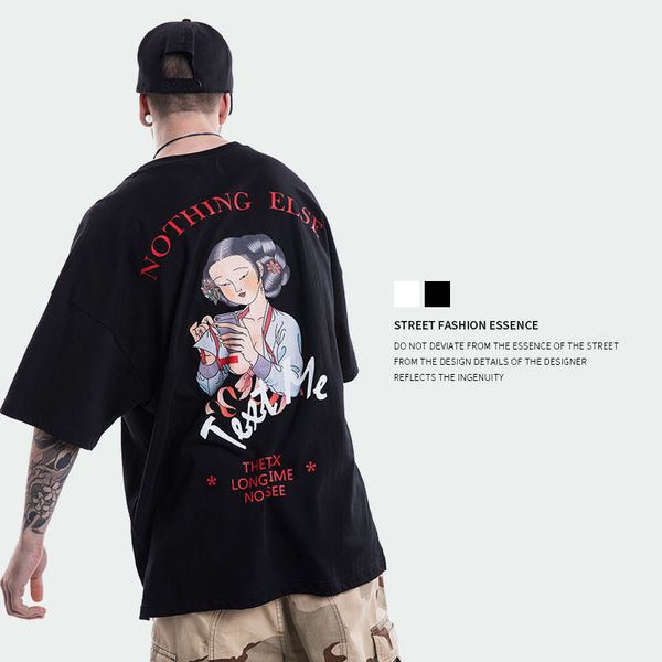 

european and american fashion brand spring and summer new men's clothing classic high street loose beauty printed men's t-shirt, White;black