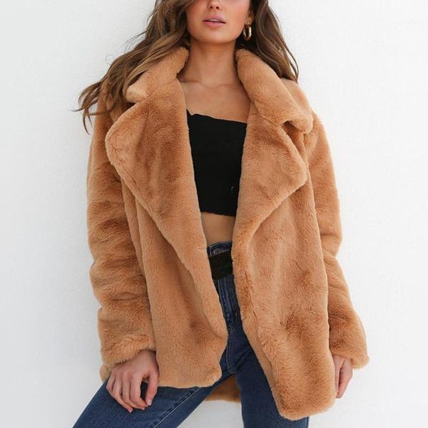 

solid color open stitch outerwear turn down collar thick warm fur coat women designer faux fur coats, Black