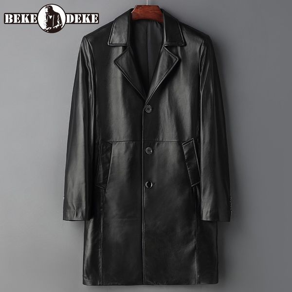 

business man mid long genuine leather jacket real sheepskin coat men plus size 5xl outwear single breasted slim chaquetas hombre, Black