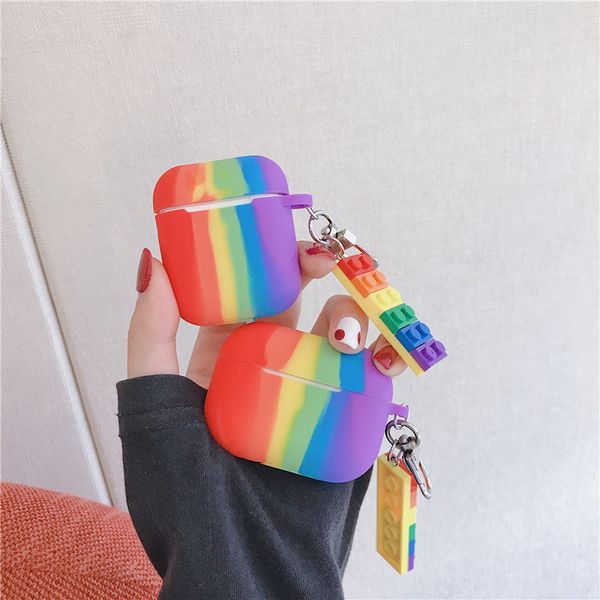 

for airpods pro case rainbow silicone earphone case for airpods 2 case charging box protective cover with building block pendant