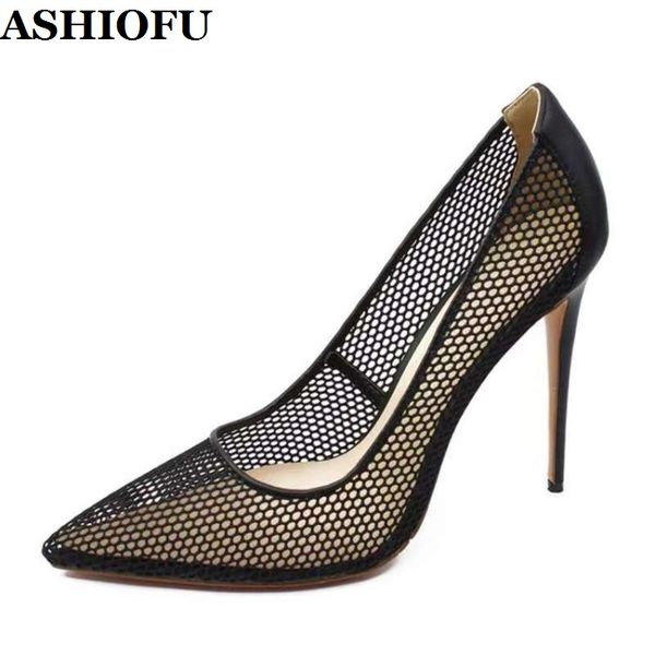 

ashiofu 2020 new handmade ladies high heels pumps breathable air-mesh party prom dress shoes evening club fashion shoes, Black