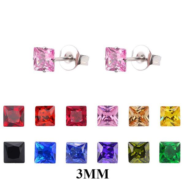 

2020 new gift 16 color 3mm stainless steel earrings colorful zircon square stud earrings women jewelry, Golden;silver