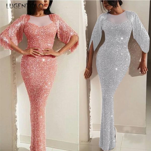 

lugentolo women dress party dinner sequin slim fit splice split tassel mermaid elegant solid hip maxi dresses autumn, Black;gray