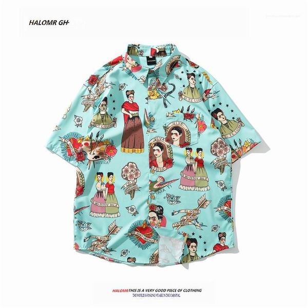 

streetwear summer casual short sleeve loose blouses men holiday hawaiian beach shirts fashion designer printing shirts, White;black