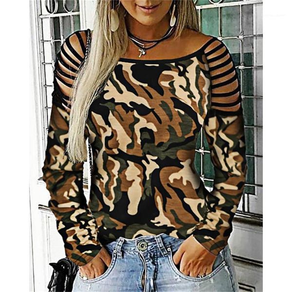 

shirts camouflage printed autumn hollow strap slim long sleeved crew neck t shirts womens fashion tees womens designer t, White