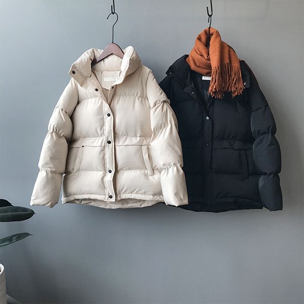 

fashion wide-waisted women parkas 2020 autumn winter new stand collar loose cotton wild coat thick warm solid color coats women, Black