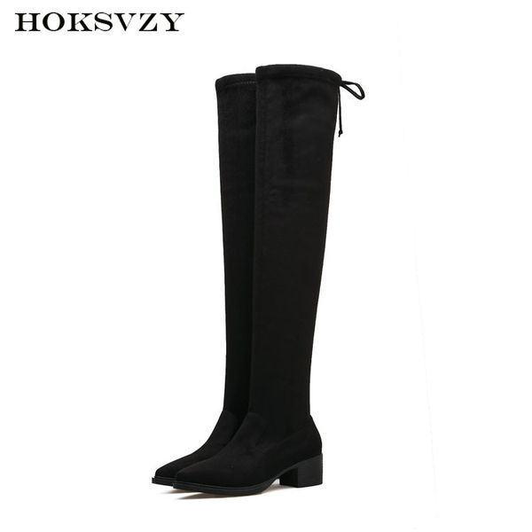 

hoksvzy slim-legged spring autumn winter thick heels pointed tips strapped knees boots women 35-40 yards df-366-2, Black