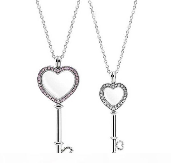

large pink & small white heart key floating locket pendant necklace 100% real 925 sterling silver necklace for womengui