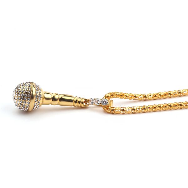 

out bling music stereoscopic microphone pendants necklaces for men women hip hop jewelry for friends, Silver