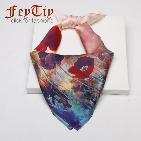 

100% pure silk neckerchief red flower print scarf women foulard vintage square scarves 2020 fashion gradient neck wraps 53*53cm, Blue;gray