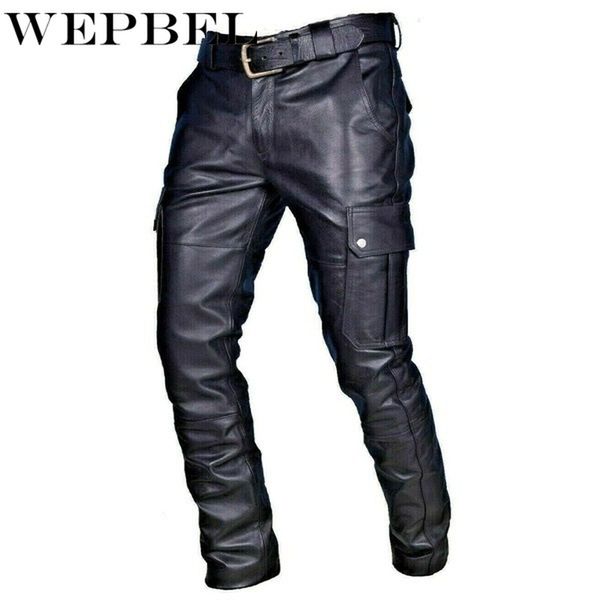 

wepbel biker motocycle long leather loose street style steampunk trousers rock roll long pants men straight pu leather pants, Black