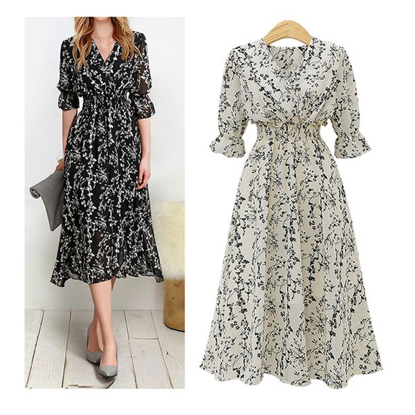 

2020 summer dress plus size 5xl print flowers ladies vestidos women chiffon elastic waist female robe v-neck brand clothing, Black;gray