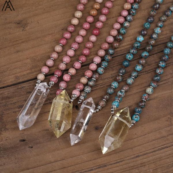 

double point quartz crystal pendant 8mm mala stone beads 108 prayer beads cord knotted handmade healing necklace n0423-6am, Silver