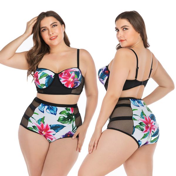 

plus size women's high waist 2 piece swimsuit push up mesh floral print bikini set bathing suit