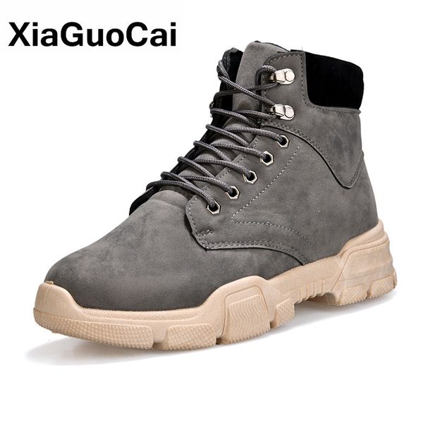 

autumn winter man ankle boots high casual men shoes retro height increased male tooling boots flock lace up mans footwear, Black
