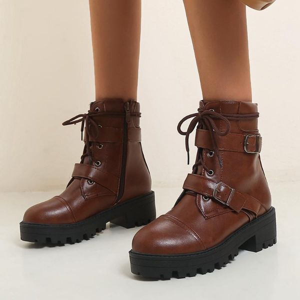 

gigifox большие размеры 43 нескользящие платформы suqare каблуки модные шнурки ботильоны зимние ботинки женщина сапоги женские, Black