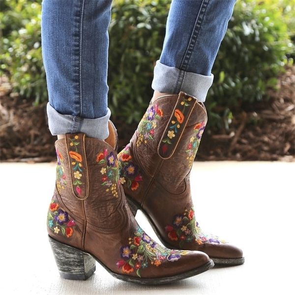 

new women autumn cowboy ankle boots plus size mbroidery mid-calf faux leather wedge mid heels vintage retro casual women boots, Black