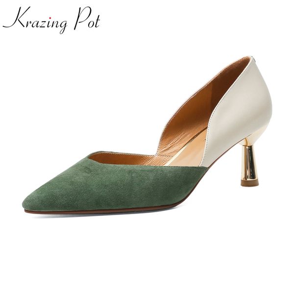 

krazing pot genuine leather metal stiletto high heels pointed toe mixed color banquet shallow wedding women pumps l9f1, Black