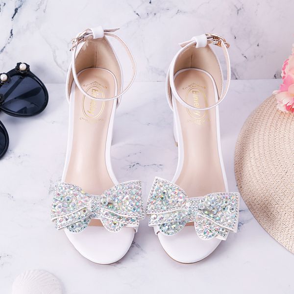 

summer thick with open toe white fairy sandals, one-word buckle wristband, rhinestone bow high heels, size student shoes, Black
