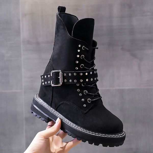 

women's boots autumn leather booties boots-women shoes zipper round toe luxury designer 2020 rubber fashion high heel rock, Black