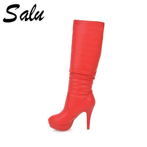 

salu big size 34-43 round toe autumn winter shoes woman simple knee high boots platform high heels boots, Black