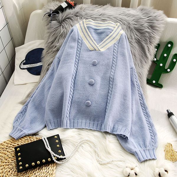 

thin knitted women pullovers sweaters 2020 autumn new lantern sleeved loose v-neck button casual all match female pulls outwear, White;black