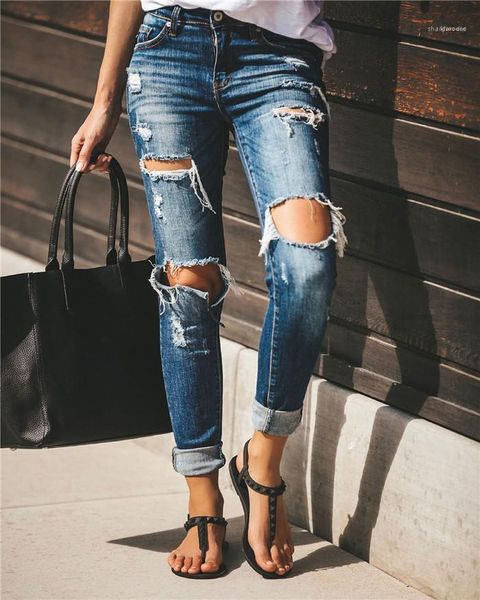 

womens hole pencil jeans summer designer ladies bleached button slim skinny pants females light washed vintage trousers, Blue