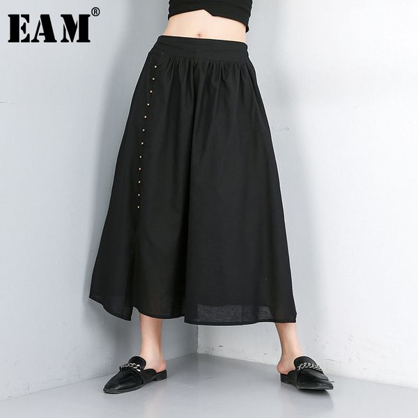 

eam] 2020 new spring summer high elastic waist black loose leisure nailed split joint half-body skirt women fashion tide jw561